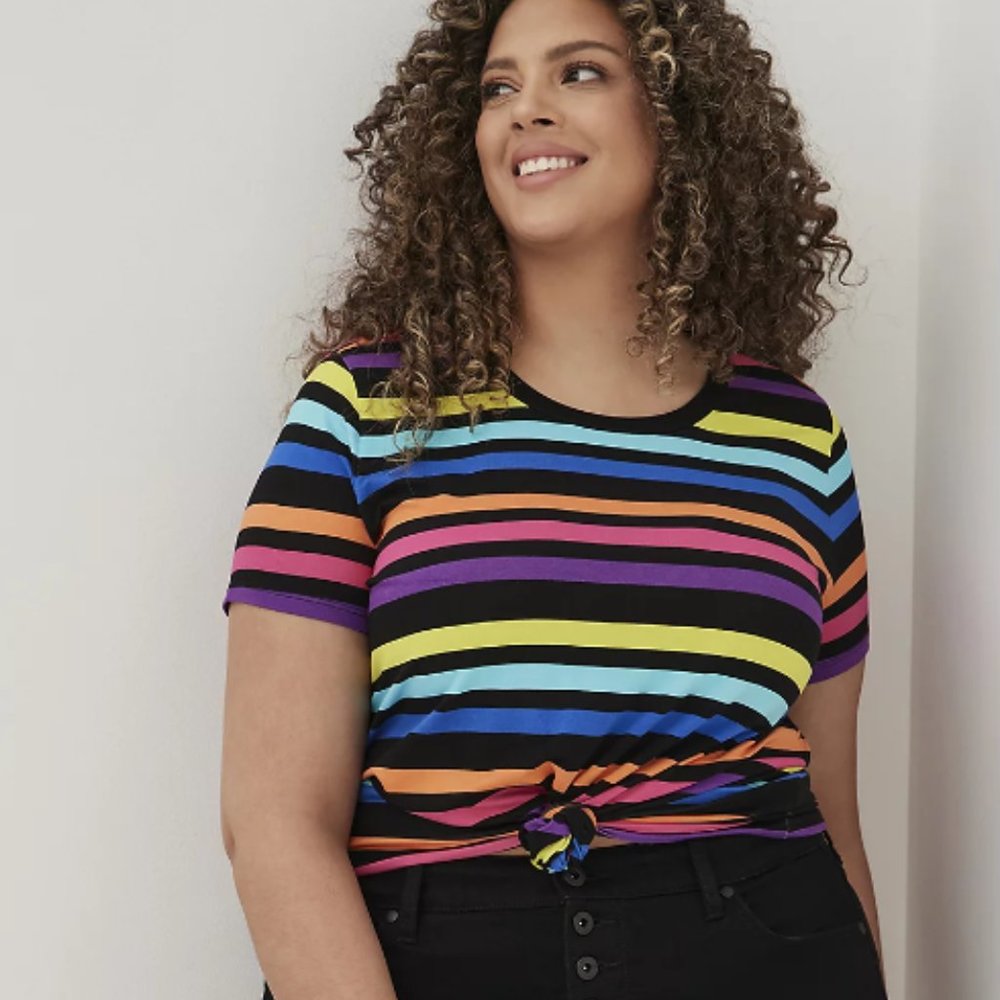 TORRID Perfect Tee - Super Soft Rainbow Striped Black - 2X